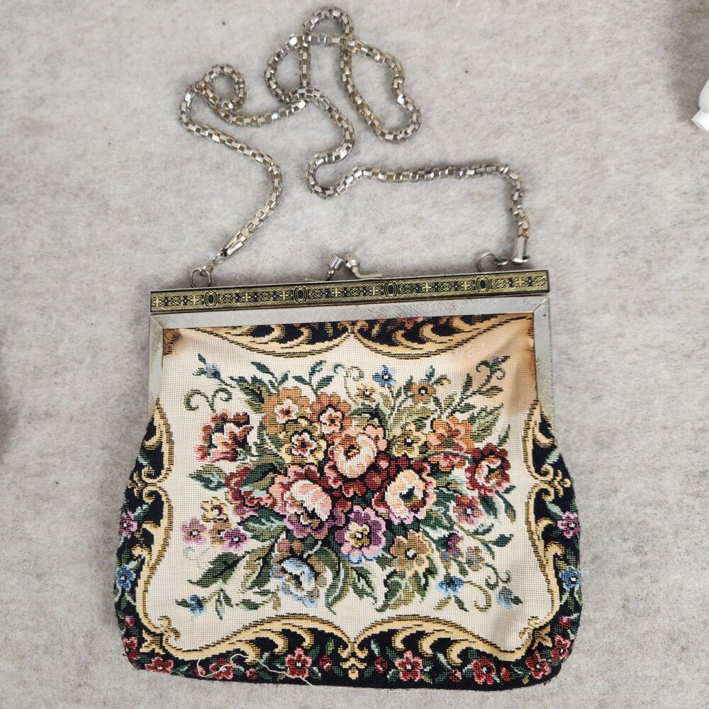 Vintage Tapestry Floral Petit Point Purse Gold Chain Frame With Kiss Clasps